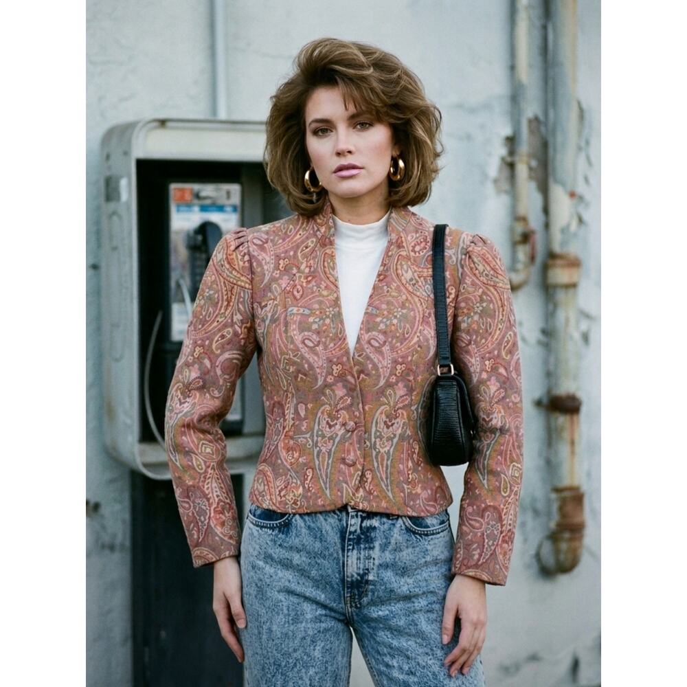 Vintage Pioneer Wear USA Pink Paisley Tapestry Crop Blazer Jacket EUC Modern S/M